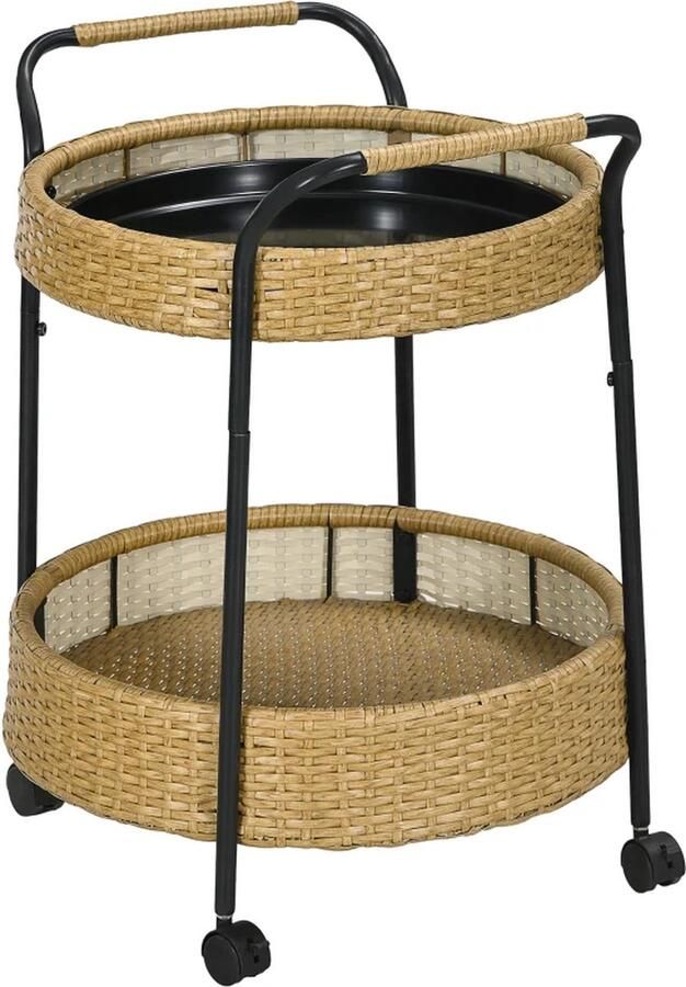 TRUUSK Outdoor Serveerwagen 2 Niveaus Remmen Polyrotan Metalen Frame 50 X 66H Cm Geel