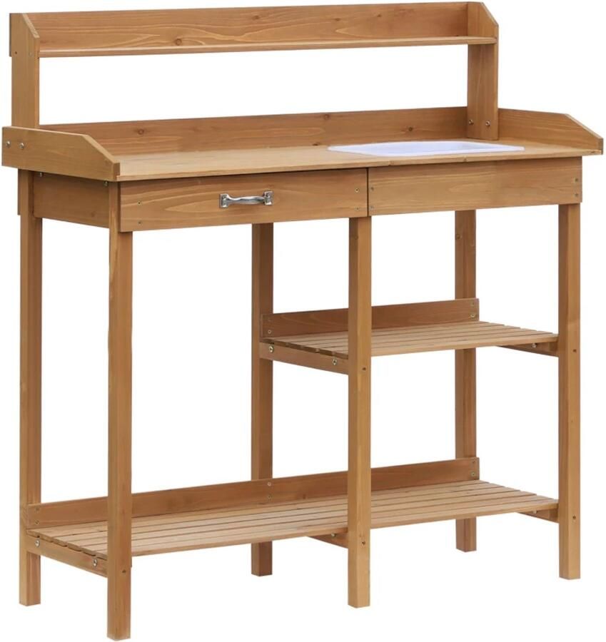 TRUUSK Plantentafel Tuin Tuintafel Met Kuip Bloementafel van Dennenhout Naturel 117 x 45 x 121 cm