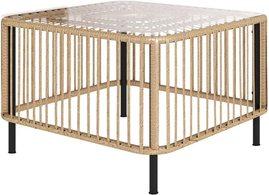 TRUUSK Polyrattan Tuintafel 65 x 65 x 43 cm Weerbestendig Vierkant design met glazen blad Salontafel voor tuin terras en