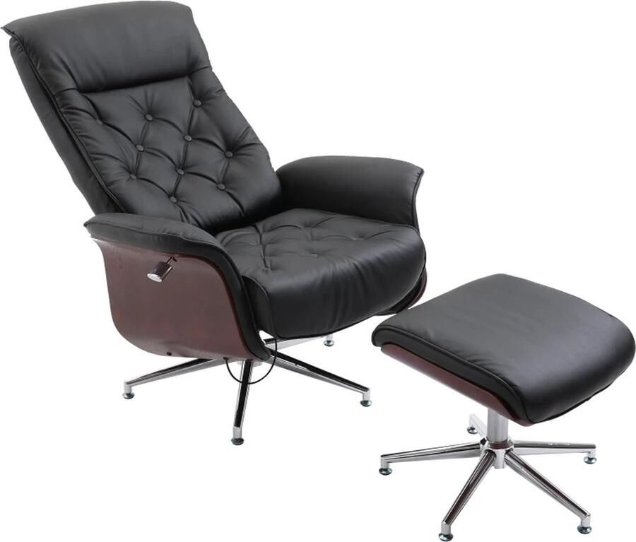 TRUUSK Relaxfauteuil Met Kruk TV-stoel Gestoffeerde Stoel 360 Draaibaar 145 Kantelbaar Met Retro Design Chesterfield PU Hoes Houten Lambrisering Metalen Onderstel Zwart 82 X 83 X 110 Cm