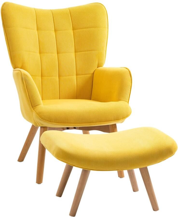 TRUUSK Relaxstoel Loungestoel Oorfauteuil Met Kruk Geel Houten Poten Koord-Uiterlijk Comfortabel Zitten