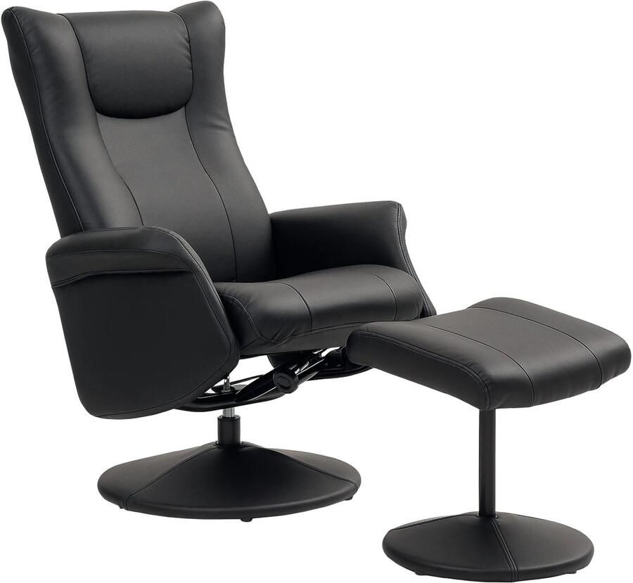 TRUUSK Relaxstoel met Kruk 360° Draaibaar Ligfunctie Verstelbare Rugleuning Kunstleer Zwart Tot 150 kg Voor Woonkamer