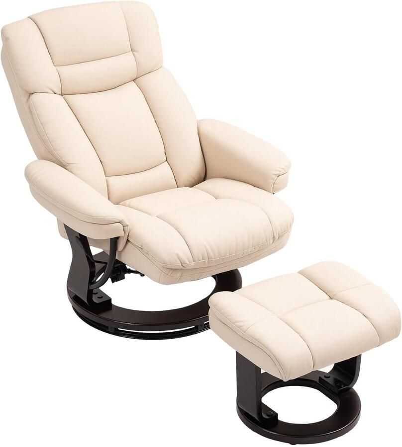 TRUUSK Relaxstoel met Voetenbank 360° Draaibare Televisiestoel met Ligfunctie Pocketvering Kunstleer Crèmewit