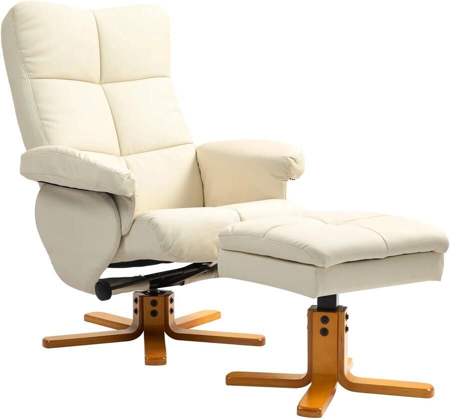 TRUUSK Relaxstoel Met Voetenbank Opbergruimte Gevoerde TV-Stoel Met Ligfunctie 360° Draaibare TV-Stoel Voor Slaapkamer Woonkamer Kunstleer Crèmewit
