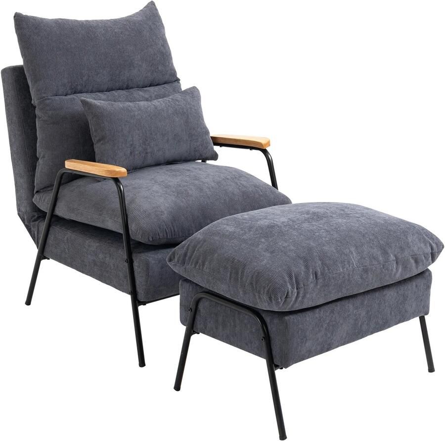 TRUUSK Relaxstoel Oorfauteuil Met Kruk TV-stoel Met Kantelbare Rugleuning Gestoffeerd Met Kussen TV-Fauteuil Grijs 68 x