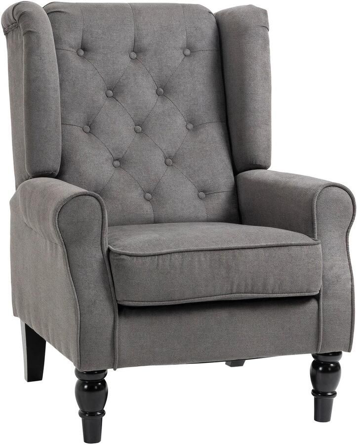 TRUUSK Relaxstoel Oorfauteuil Met Tufting Houten Poten Polyester Donkergrijs 74x86x102cm Voor Woonkamer & Slaapkamer