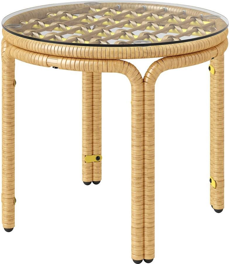 TRUUSK Ronde Bijzettafel Polyrattan Glazen Tafelblad Nachtkastje Tuintafel Koffietafel Geel Ø50 cm Voor Woonkamer