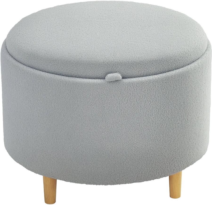 TRUUSK Ronde Ottomaan met Opbergruimte Gestoffeerde Kruk met Klapdeksel Houten Poten Modern Grijs Ø56 x 42 cm