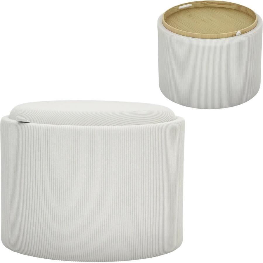 TRUUSK Ronde Voetenbank met Opbergruimte Gestoffeerd Deksel Salontafel Koord-look 56 x 56 x 42 cm Crèmewit