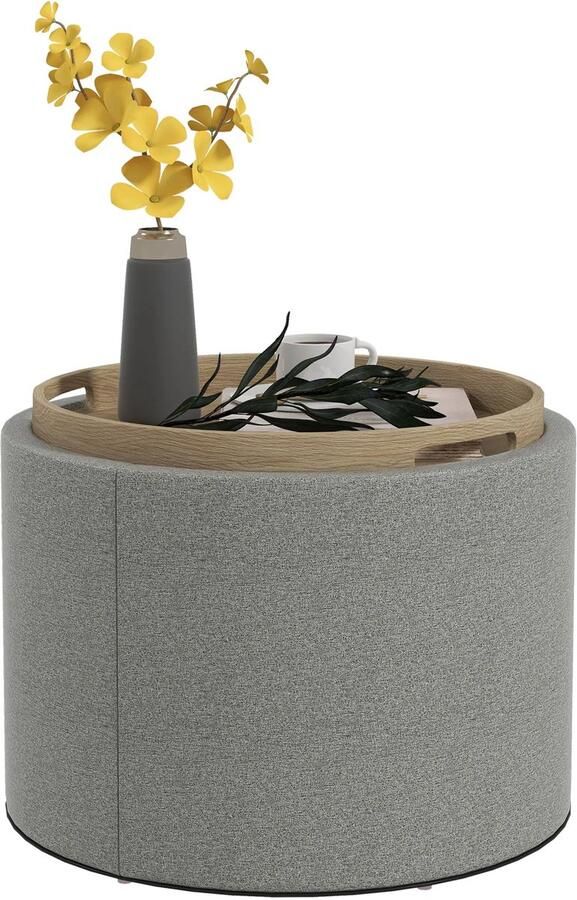 TRUUSK Ronde Zitkruk Met Opbergruimte Gestoffeerd in Grijze Linnenlook Klapdeksel Ø56 x 42 cm Voor Woonkamer Slaapkamer