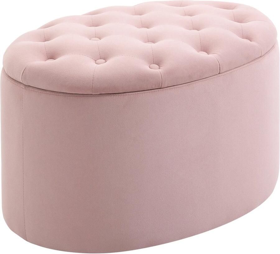 TRUUSK Roze Gestoffeerde Opbergbank Fluweelachtig Polyester Rubberhout Ovale Vorm 71x52x42cm Voor Woonkamer