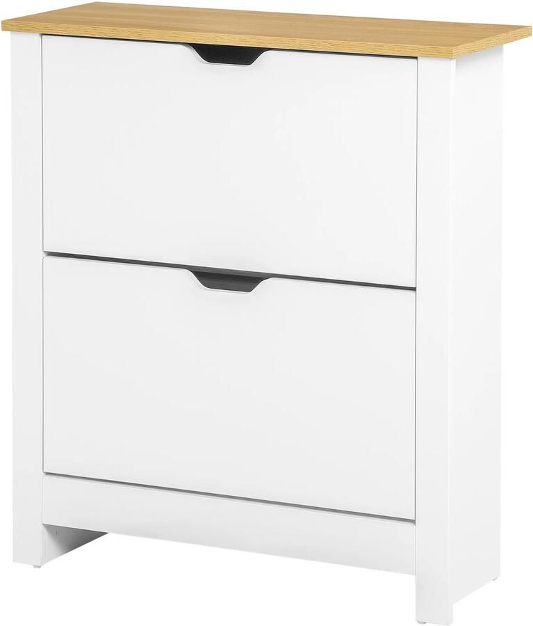 TRUUSK Ruimtebesparende Schoenenkast 2 Kleppen voor 12 Paar Schoenen Schoenenrek voor Hal Wit+Natuur