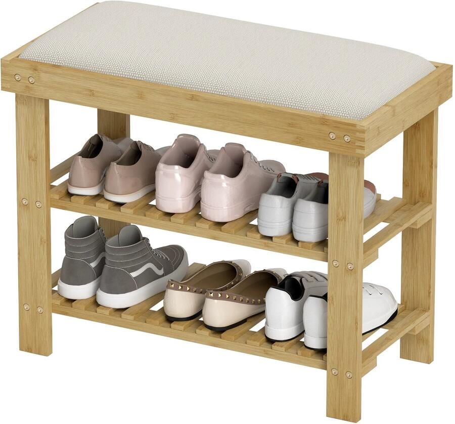 TRUUSK Schoenenbank Met Opbergruimte Bamboe Zitbank Met Zitvlak 2 Open Vakken Garderobebank Voor Woonkamer Hal 60 x 29