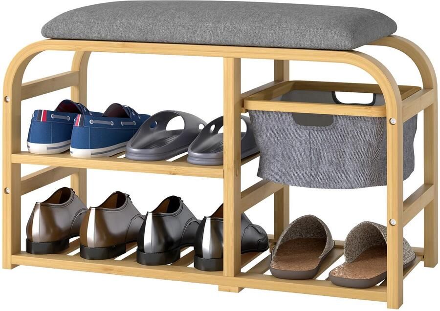 TRUUSK Schoenenbank met Uittrekbare Mand 2 Schoenenrekken Garderobebank met Linnenlook Voor 5 Paar Schoenen Voor Hal en