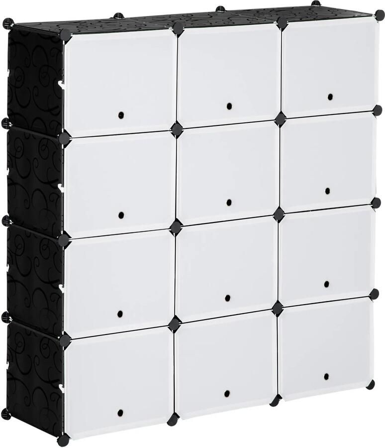 TRUUSK Schoenenkast Opbergdoos Met 12 Kubussen DIY Stekkerrek Met Deuren Kunststof Staal Zwart+Wit 125 X 32 X 125 Cm