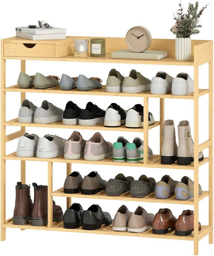 TRUUSK Schoenenrek met 6 niveaus Lade van bamboe Voor max. 18 paar schoenen Voor entree of slaapkamer 101 x 30 x 100 cm