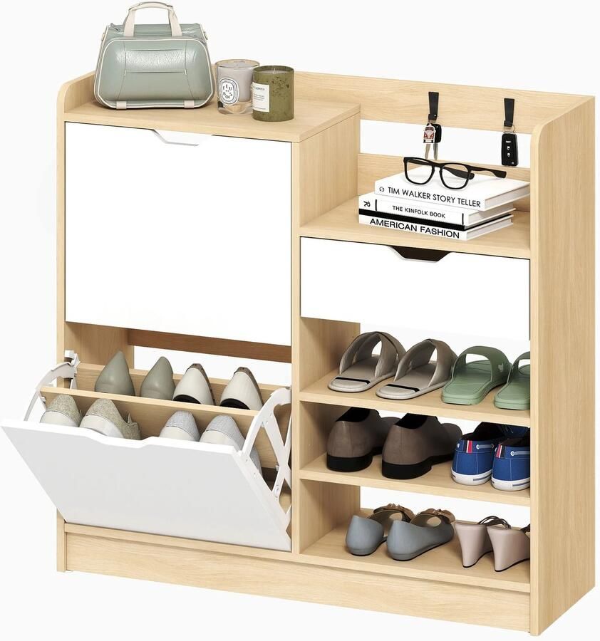 TRUUSK Schoenenrek voor Gang Schoenenkast met Kantellades Open Rekken 4 Haken Maximaal 14 paar schoenen Wit