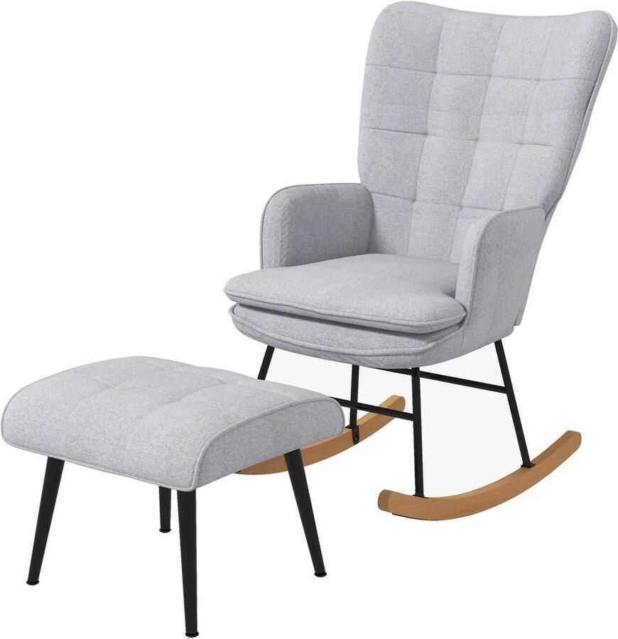 TRUUSK Schommelstoel Met Kruk Armstoel Relaxstoel Linnenlook Tot 130 Kg Draagvermogen Lichtgrijs