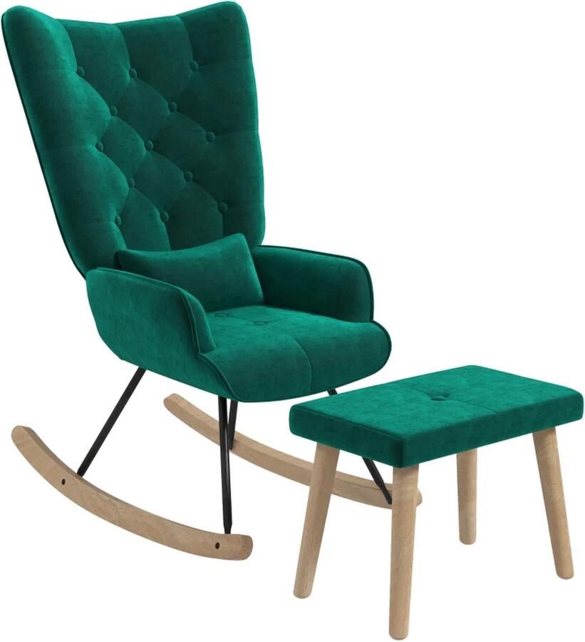 TRUUSK Schommelstoel Met Kruk Gecapitonneerd Hoge Rugleuning Fluwelen Look Tot 150 Kg Groen