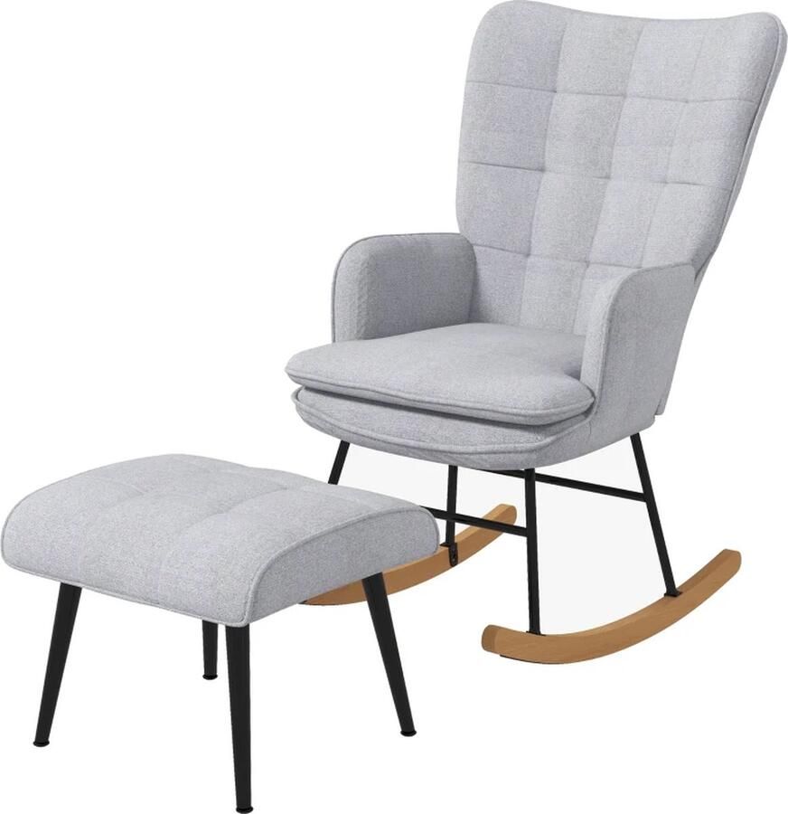 TRUUSK Schommelstoel Met Poef Scandi Design Schommelstoel Met Voetenbank Beukenhout Quilten 64 Cm X 89 Cm X 90 Cm Grijs