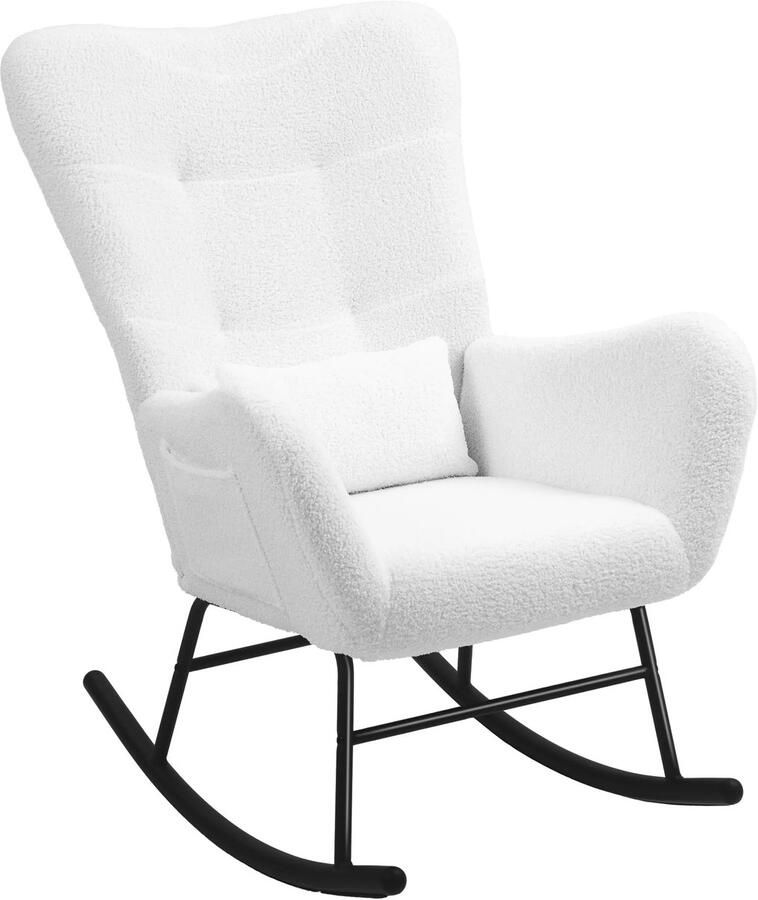 TRUUSK Schommelstoel met Teddy-stoflook Armleuning Voedingsstoel met Houten Glijders Lendenkussen Zijtas Voor Woonkamer