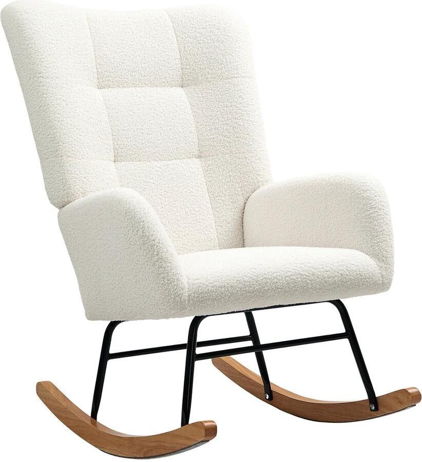 TRUUSK Schommelstoel Teddyfluweel-Look Met Armleuning Houten Glijders Voedingsstoel Voor Slaapkamer en Woonkamer