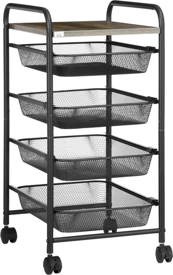 TRUUSK Serveerwagen 4 Vakken 1 Tafelblad 4 Wielen Met 2 Remmen Stalen Frame Zwart 41 5 X 31 X 66 Cm