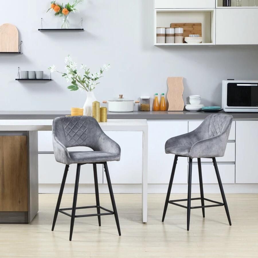 TRUUSK Set Van 2 Barkrukken In Retro Design Fluwelen Look Inclusief Voetsteunen 50 Cm X 53 Cm X 94 Cm Grijs