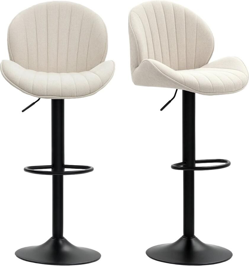 TRUUSK Set van 2 Barkrukken in Schelpvorm Hoogte Verstelbaar met Rugleuning Stalen Frame Beige Met Voetensteun