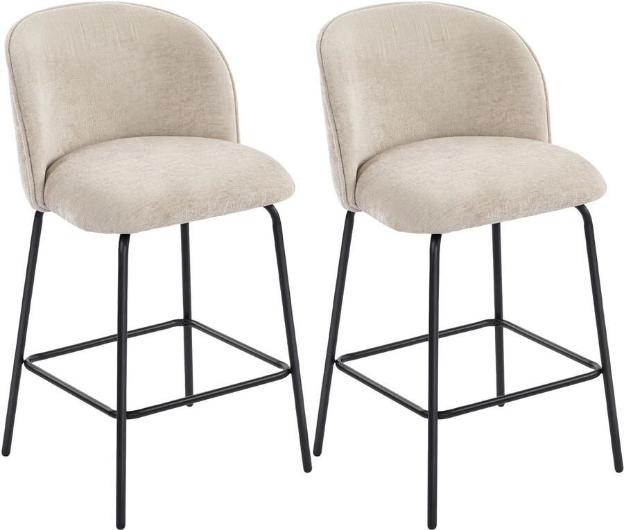 TRUUSK Set Van 2 Barkrukken Met Rugleuning En Voetensteun Gestoffeerde Stoelen Met Stalen Poten Voor Keukeneiland Eetkamer Beige