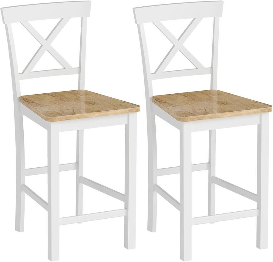 TRUUSK Set van 2 Barkrukken met Rugleuning en Voetensteun Rubberhout Voor Keuken Eetkamer Bar Eiken+ wit