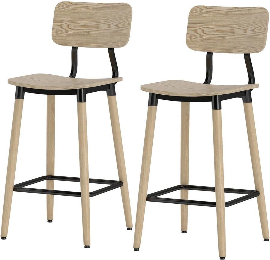 TRUUSK Set van 2 Barkrukken Met Rugleuning en Voetsteun Stalen Poten Voor Keuken Woonkamer Eetkamer Natuurkleurig