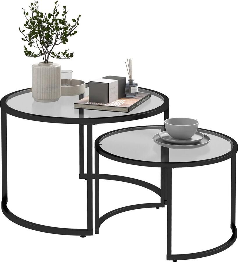 TRUUSK Set van 2 Industriële Bijzettafels Salontafels Stapelbaar Zwart + Transparant