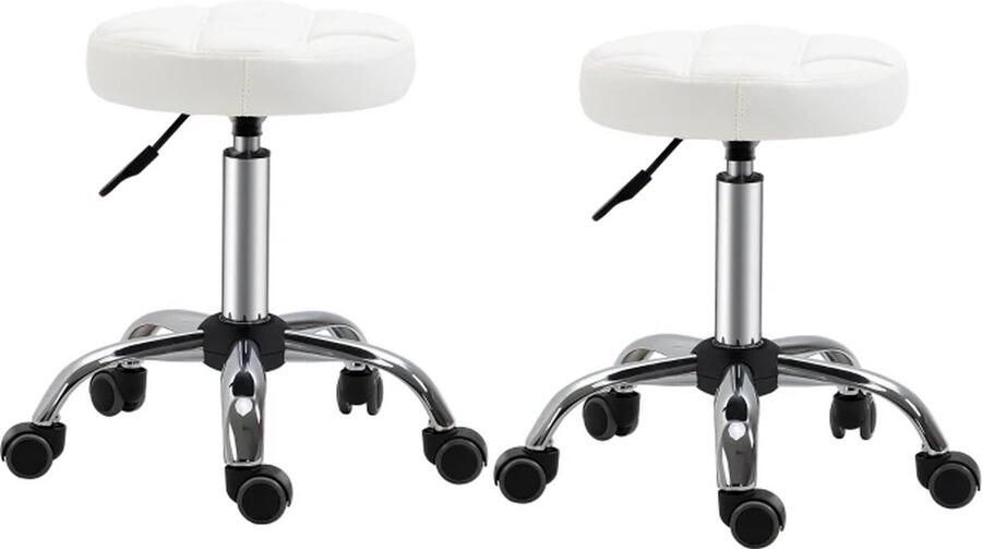 TRUUSK Set Van 2 Rollende Krukken Draaibare Krukken Met Wielen Werkkrukken In Hoogte Verstelbaar Draaibaar Salonkrukken Salonstoelen Imitatieleer Wit Ø35 5 X 48-63H Cm