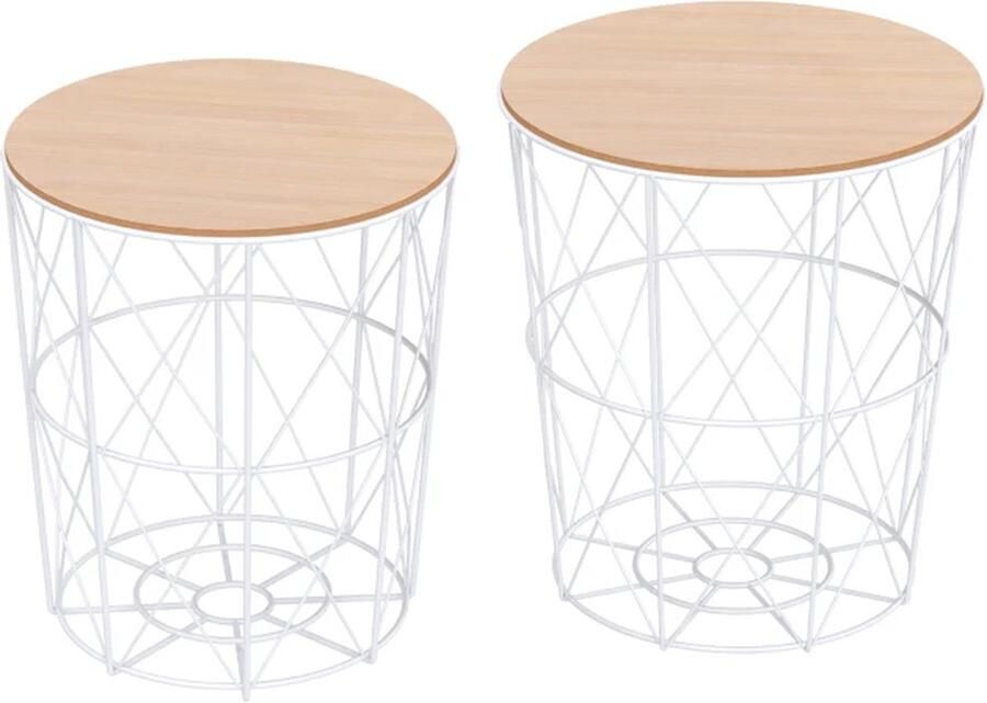 TRUUSK Set van 2 Salontafels Bijzettafels Nachtkastjes MDF + Metaal Naturel + Wit Ø40 x H45 cm Voor Woonkamer en