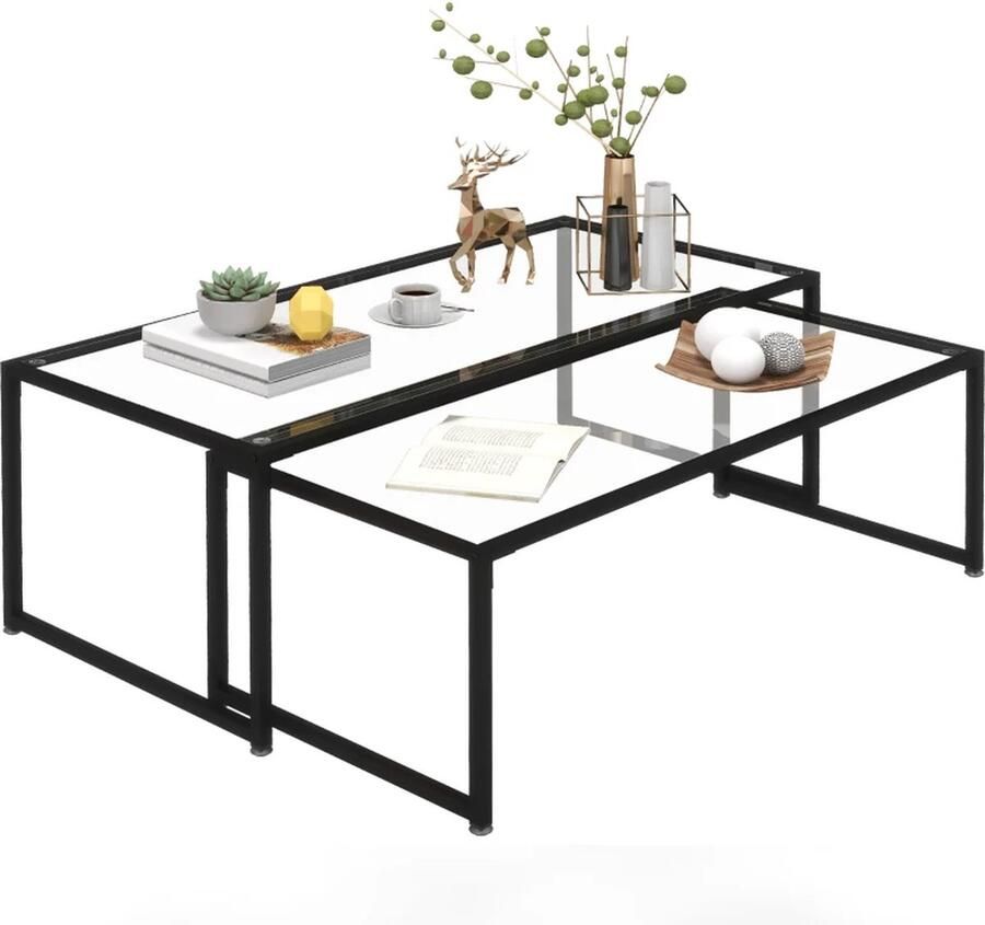 TRUUSK Set van 2 Salontafels Glazen Tafels Gepoedercoat Staal Zwart + Transparant