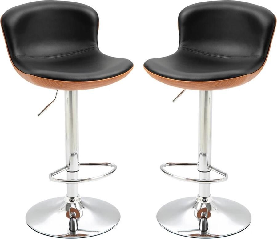 TRUUSK Set van 2 Zwarte Barkrukken Met Voetensteun en Rugleuning In Hoogte Verstelbaar Draaibaar PU Materiaal 46 x 53 5