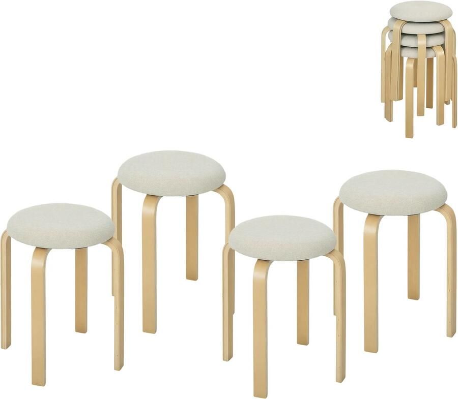 TRUUSK Set van 4 Gestoffeerde Eetkamerkrukken Stapelbaar Ronde Krukken met Linnenlook Voor Eetkamer Woonkamer Keuken