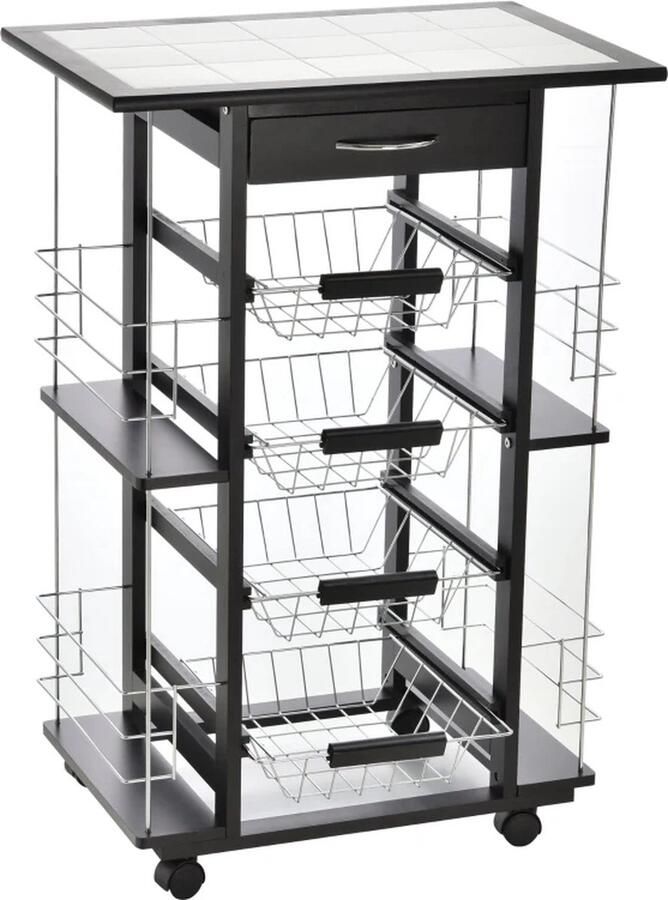 TRUUSK Trolley Op Wielen Keukentrolley Trolley Grenen Werkblad Zwart 57 X 37 X 83 Cm