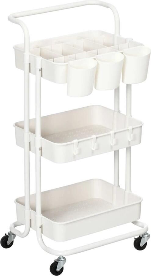 TRUUSK Trolley Serveerwagen 3 Opbergmanden 3 Hangdozen 4 Haken Metalen Frame 42 X 38 X 86 5 Cm Wit