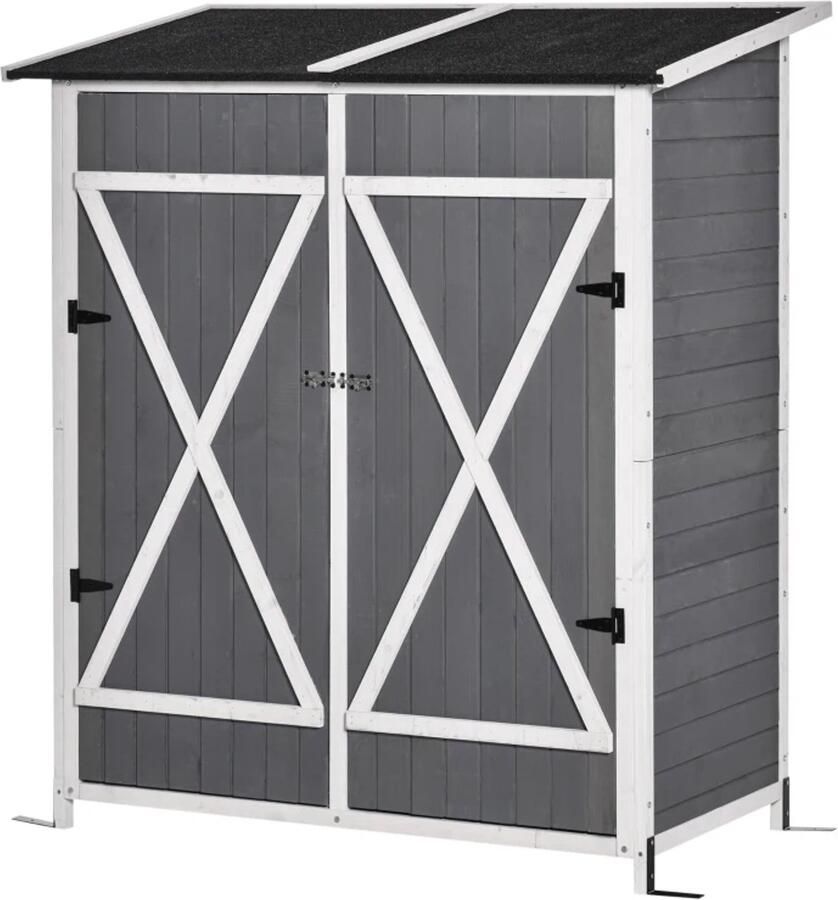 TRUUSK Tuinkast Gereedschapsschuur Met 2 Deuren Gereedschapskast Met Asfaltdak Tuinopbergkast Anti-kiep Design Met Grondspijkers Vurenhout Grijs + Wit 139 X 75 X 160 Cm