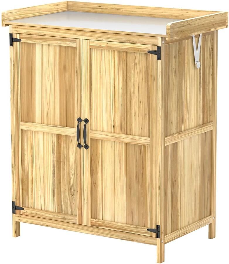 TRUUSK Tuinkast Hout Weerbestendige Gereedschapsschuur 74x43x88cm Gereedschapshuis Met Klapdak Planken Werkblad Gereedschapskast Tuinhuis Gereedschapskast Tuinschuur Voor Tuin Terras Hout