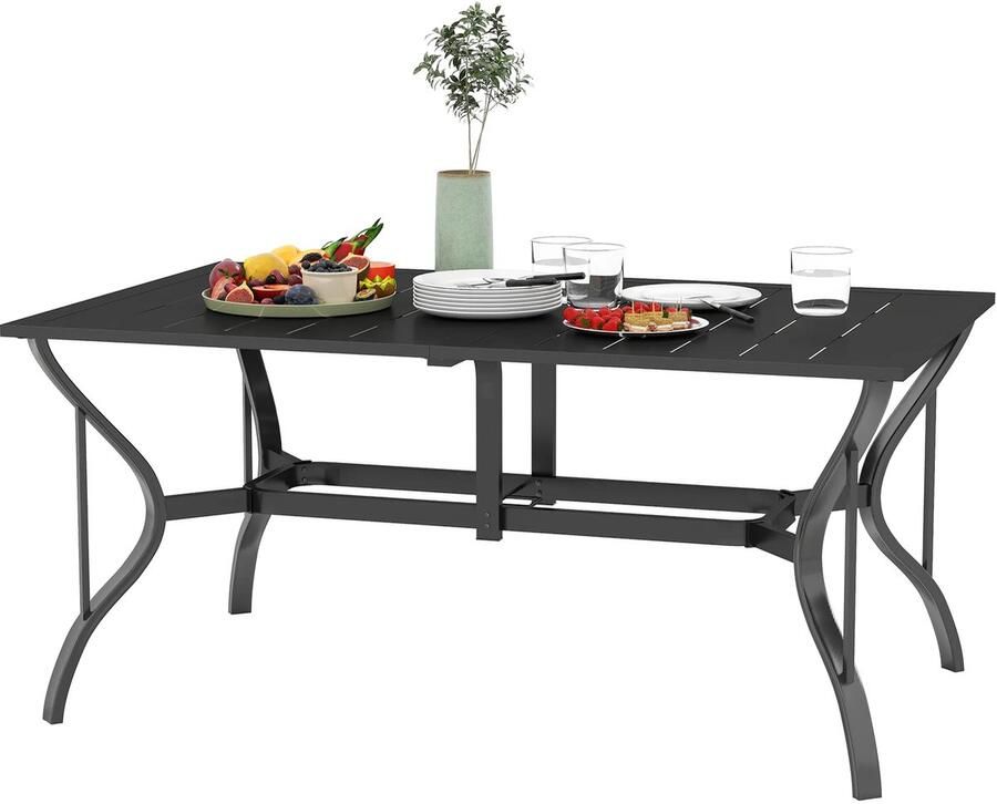 TRUUSK Tuintafel Staal 150x90 cm Weerbestendig Met Paraplu Gat Lamellen-Design Voor 6 Personen Buffettafel Campingtafel