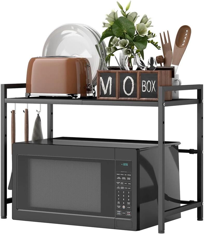 TRUUSK Uitbreidbaar Magnetronrek Met 3 Haken Keukenrek Van Metaal Magnetronstandaard Zwart