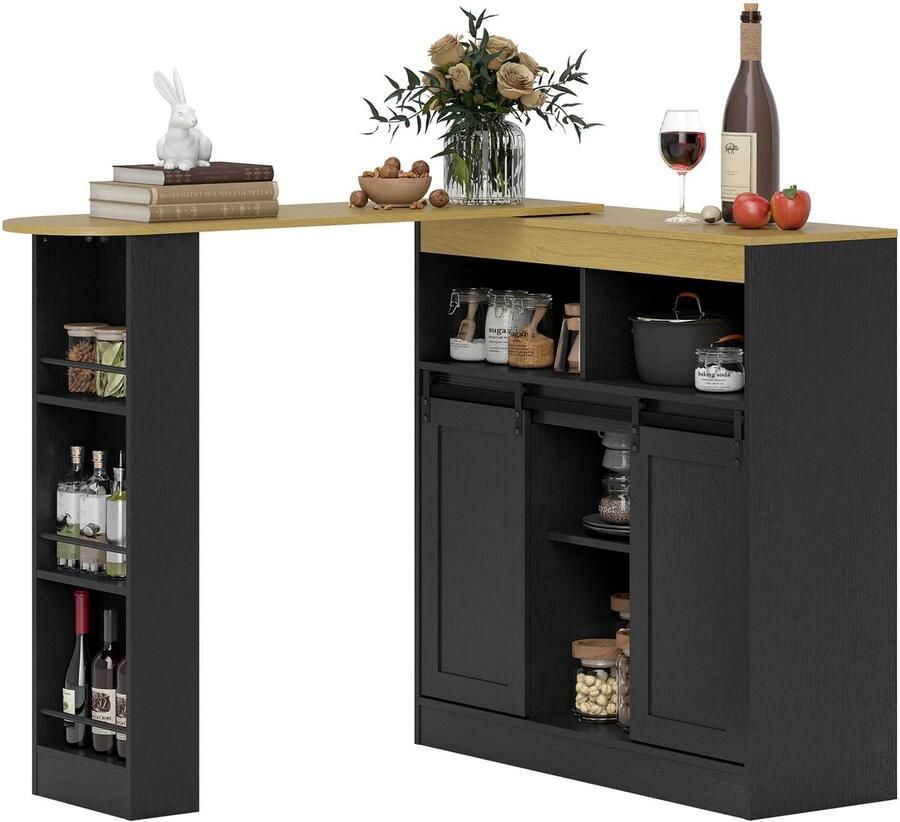 TRUUSK Uitschuifbare Bartafel 360° Draaibaar Met Opbergruimte en 8 Opbergvakken 2 Schuifdeuren Voor Eetkamer 187 5 x 35 x