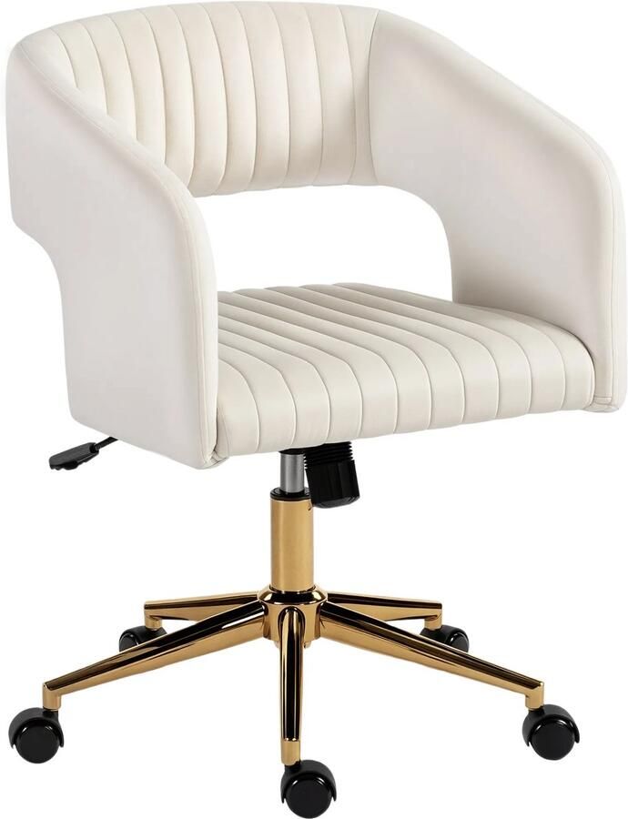 TRUUSK Verrijdbare Bureaustoel Met Fluwelen Bekleding In Hoogte Verstelbare Kantoorstoel Kantelfunctie Crème Wit