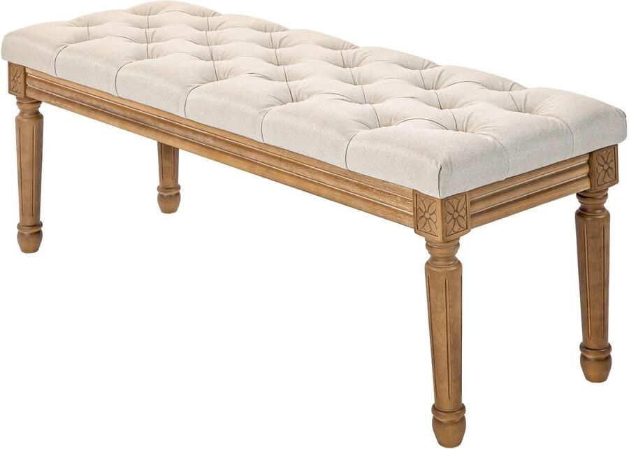 TRUUSK Zitbank Gestoffeerde Bank Met Linnenlook Houten Poten Bedbank Voor Slaapkamer Woonkamer Hal 120 X 41 X 48 Cm Crème