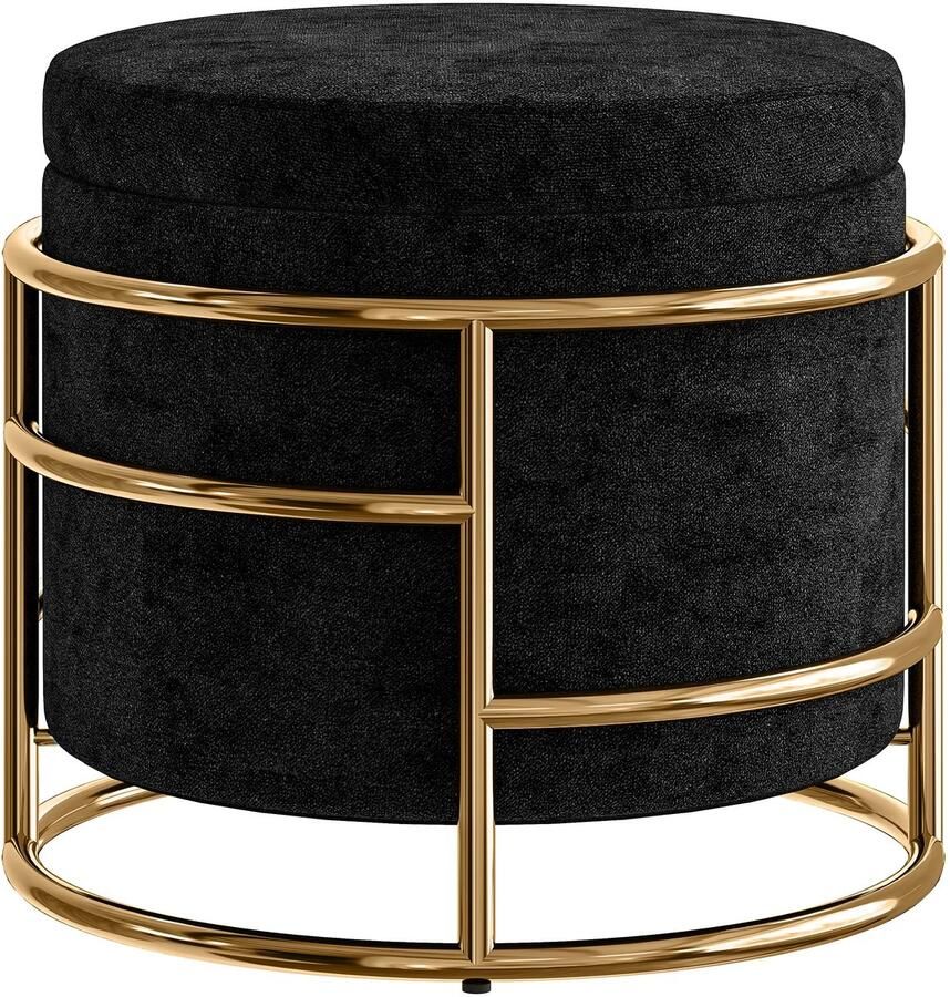 TRUUSK Zithocker met Opbergruimte Gestoffeerde Voetenbank Metalen Frame Verguld Zwart