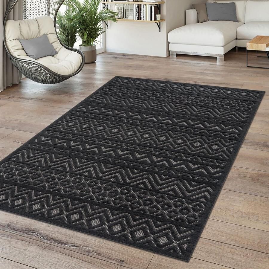 TT Home Binnen- en buitentapijt Eetkamer Weerbestendig Balkon Effen kleuren 3D Boho Scandi Design
