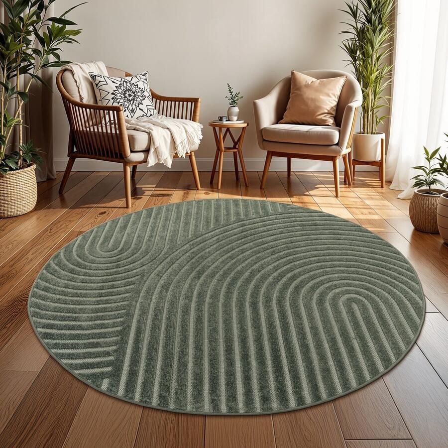 TT Home Binnen- en buitentapijt weerbestendig balkon slaapkamer Skandi regenboogmotief Uni 120 x 120 cm Rond 120 x 120 cm Rond Groen